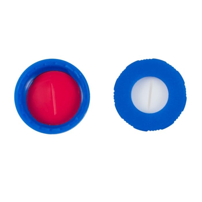 Tampa plástica de rosca, cor azul, rosca de 9mm, com septo em PTFE Silicone pré-cortada, furo central com 6mm