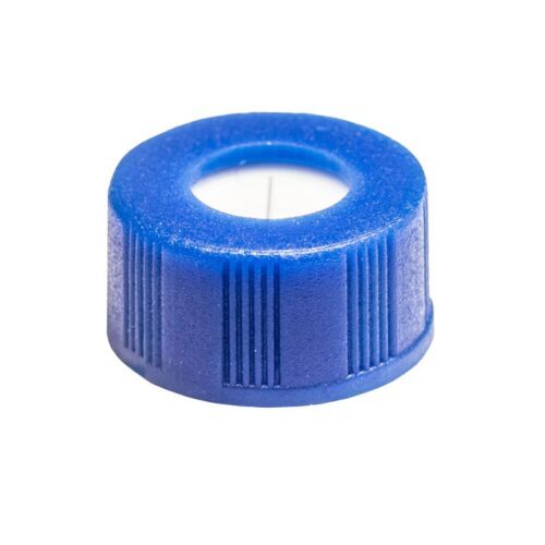 Tampa plástica de rosca, cor azul, rosca de 9mm, com septo em PTFE Silicone pré-cortada, furo central com 6mm - topo