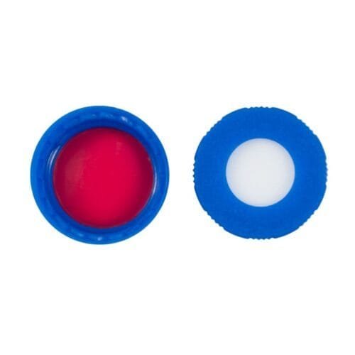 Tampa plástica de rosca, cor azul, rosca de 9mm, com septo em PTFE Silicone, furo central com 6mm