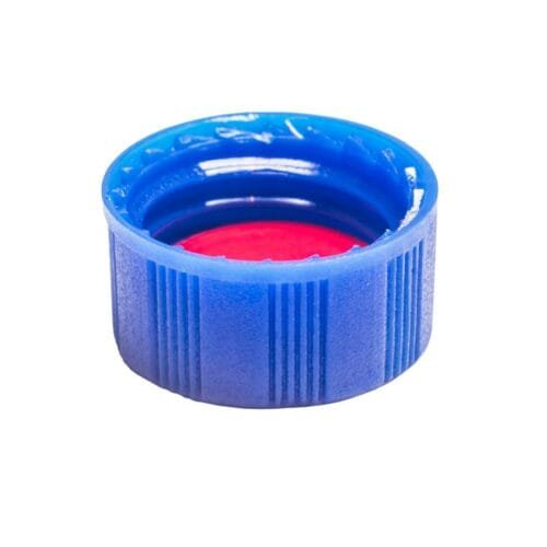 Tampa plástica de rosca, cor azul, rosca de 9mm, com septo em PTFE Silicone, furo central com 6mm - verso