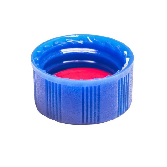 Tampa plástica de rosca, cor azul, rosca de 9mm, com septo em PTFE Silicone, furo central com 6mm - verso