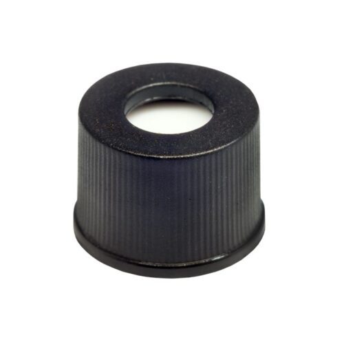 Tampa plástica de rosca, cor preta, rosca de 8mm, com septo em PTFE Silicone, furo central com 5.5mm - topo