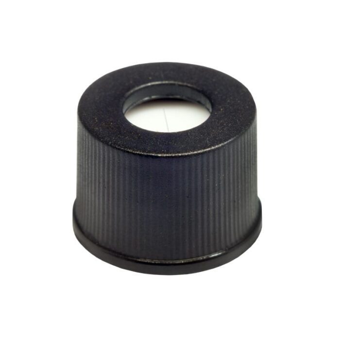 Tampa plástica de rosca, cor preta, rosca de 8mm, com septo em PTFE Silicone pré-cortada, furo central com 5.5mm - topo