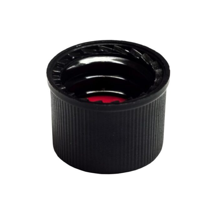 Tampa plástica de rosca, cor preta, rosca de 8mm, com septo em PTFE Silicone pré-cortada, furo central com 5.5mm - verso