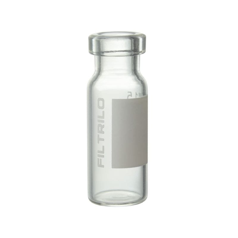 Vial Filtrilo, em vidro borossilicato, Incolor, 12x32mm, base plana, Para tampas com trava, com local para marcação - frente