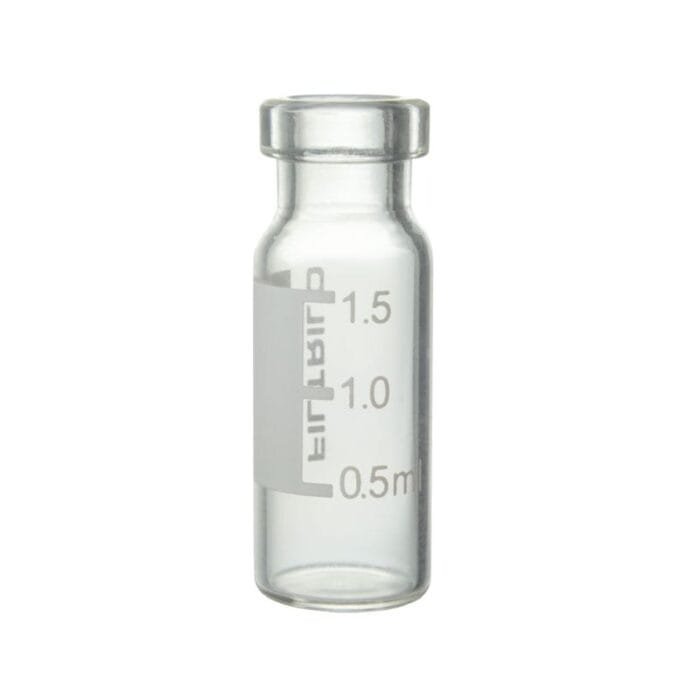 Vial Filtrilo, em vidro borossilicato, Incolor, 12x32mm, base plana, Para tampas com trava, com local para marcação - verso