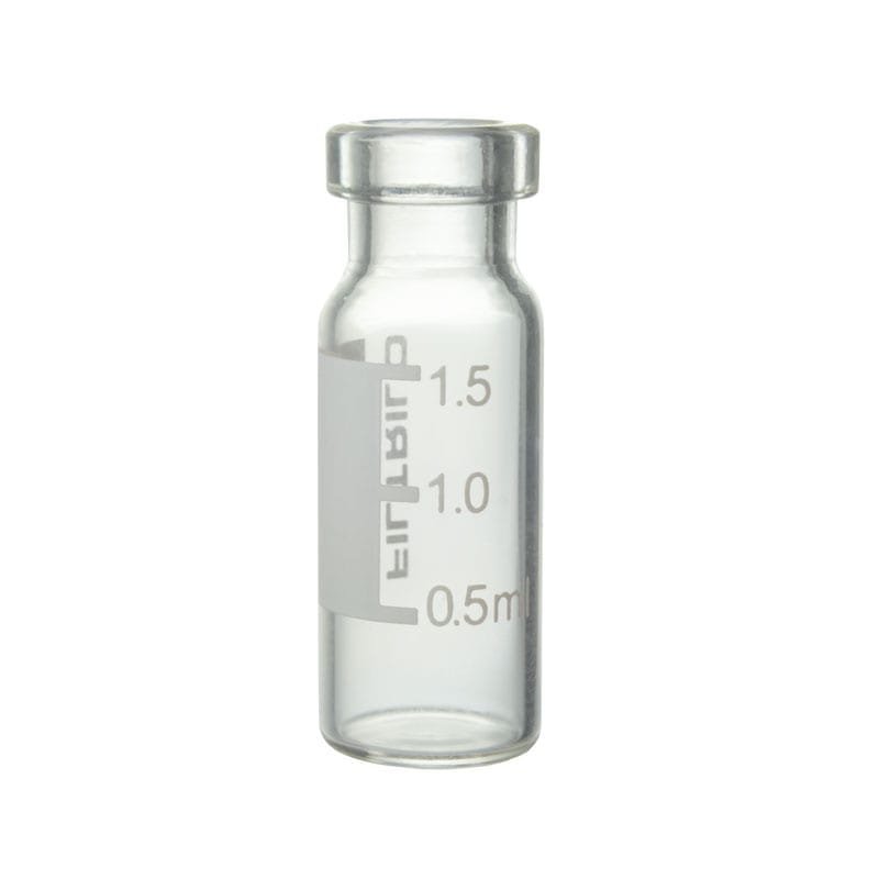 Vial Filtrilo, em vidro borossilicato, Incolor, 12x32mm, base plana, Para tampas com trava, com local para marcação - verso