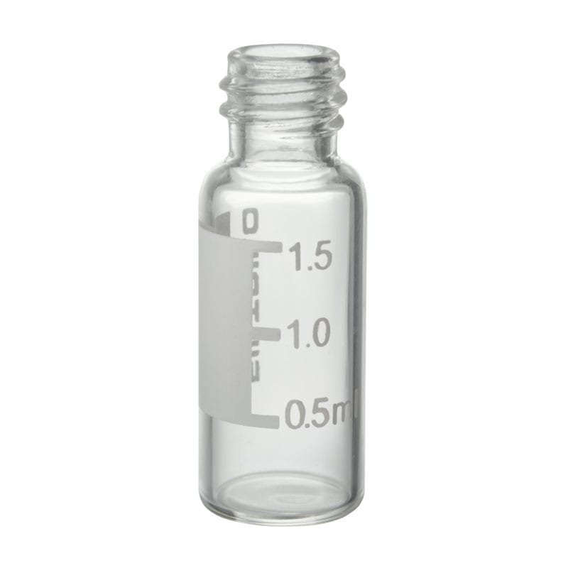 Vial Filtrilo, em vidro borossilicato, Incolor, 12x32mm, base plana, Rosca com 8mm, com local para marcação - verso