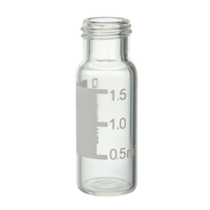 Vial Filtrilo, em vidro borossilicato, Incolor, 12x32mm, base plana, Rosca com 9mm, com local para marcação - verso