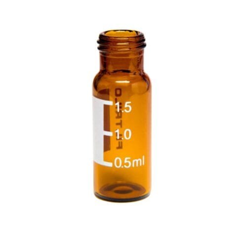 Vial Filtrilo, em vidro borossilicato, Âmbar, 12x32mm, base plana, Rosca com 9mm, com local para marcação - verso