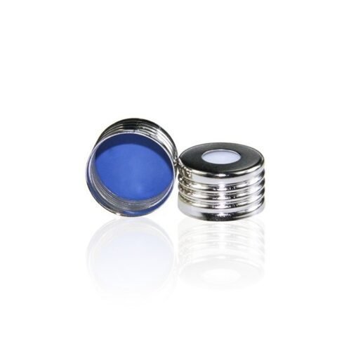 Tampa de rosca com 18mm, em metal, magnética, abertura central de 8mm. Septo em PTFE/Silicone (Azul/braco) com 1,5mm de espessura.