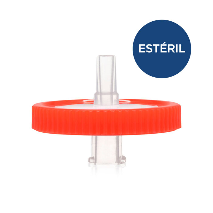 SFPTFE-E2522-VISTA-LATERAL-Filtro de seringa com membrana em PTFE, esterelizado por radiação Gama, 25mm de diâmetro, porosidade de 0,22um, embalado individualmente - Hidrofóbico - Unidade